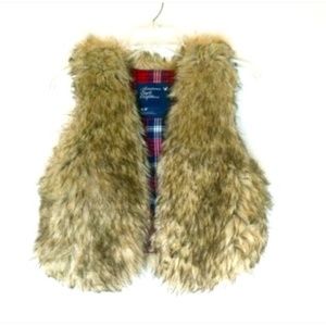American Eagle Outfitters Faux Fur Vest Small Beige Brown Plaid Lined Open Front